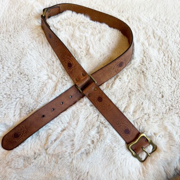 Vintage Y2K Lucky Brand Leather Tooled Embossed Brown Belt Paisley Pattern Sz L - Picture 2 of 7